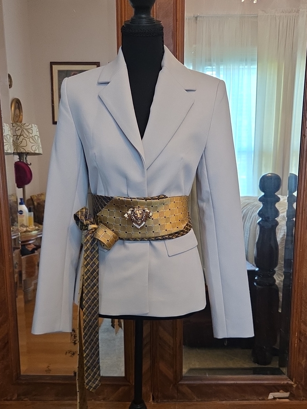 Gold & Blue Ladies Belt Created From Mens Ties With Gold Lion Brooch